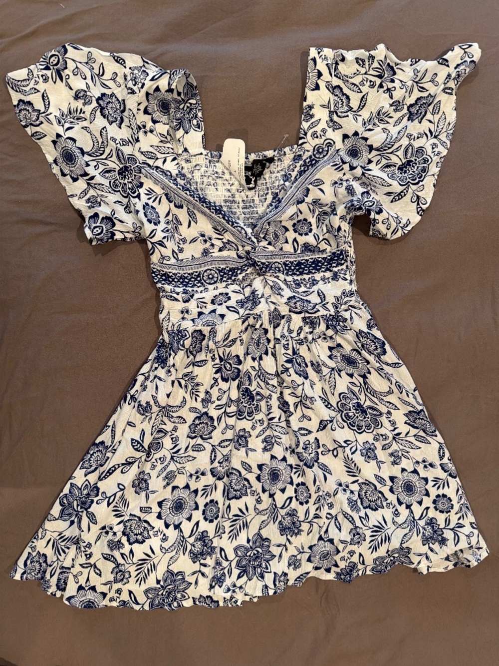 Blue & White Floral Flutter Sleeve Mini Dress NWT